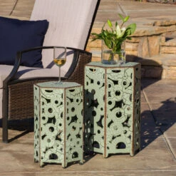 Set Of 2 Green And Brown Antique Outdoor Patio Accent Tables -PatioVibe Shop dnhhf 296678 3 16113.1667664416
