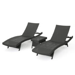3-Piece Gray Wicker Outdoor Furniture Patio Adjustable Chaise Lounges And Tables Set