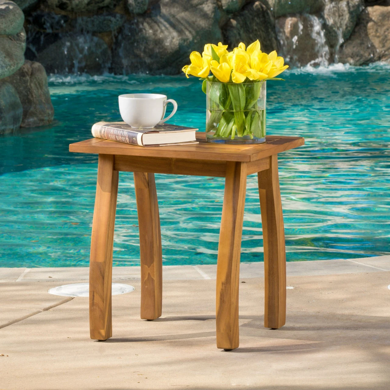 19.25" Brown Teak Finish Contemporary Outdoor Patio Accent Table 4 19.25" Brown Teak Finish Contemporary Outdoor Patio Accent Table - Image 4
