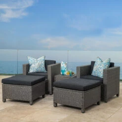 5-Piece Black Finish Wicker Outdoor Furniture Patio Chat Set - Gray Cushion 12 5-Piece Black Finish Wicker Outdoor Furniture Patio Chat Set - Gray Cushion -PatioVibe Shop dnhhf 299904 06 13676.1667678328