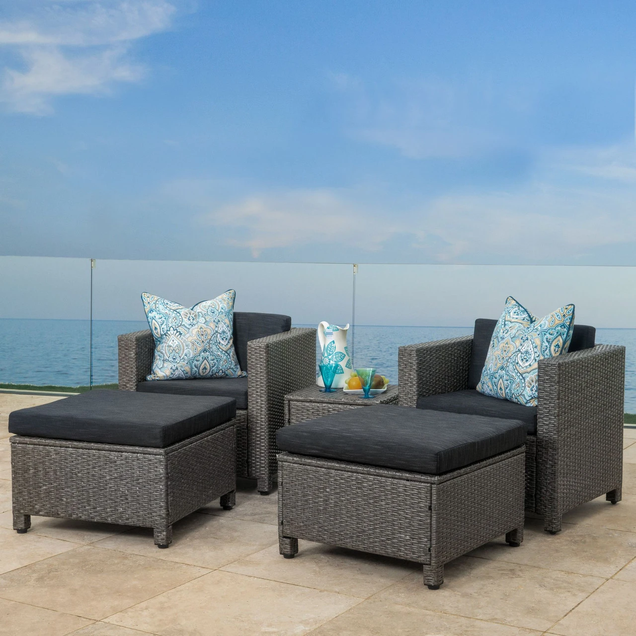 5-Piece Black Finish Wicker Outdoor Furniture Patio Chat Set - Gray Cushion 6 5-Piece Black Finish Wicker Outdoor Furniture Patio Chat Set - Gray Cushion - Image 6