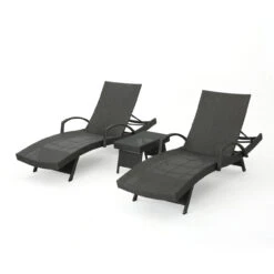 3-Piece Gray Wicker Outdoor Furniture Patio Chaise Lounge Set With Side Table