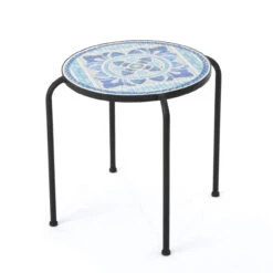 17" Blue And White Contemporary Outdoor Patio Round Side Accent Table
