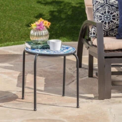 17" Blue And White Contemporary Outdoor Patio Round Side Accent Table 9 17" Blue And White Contemporary Outdoor Patio Round Side Accent Table -PatioVibe Shop dnhhf 301161 6 16324.1667654226