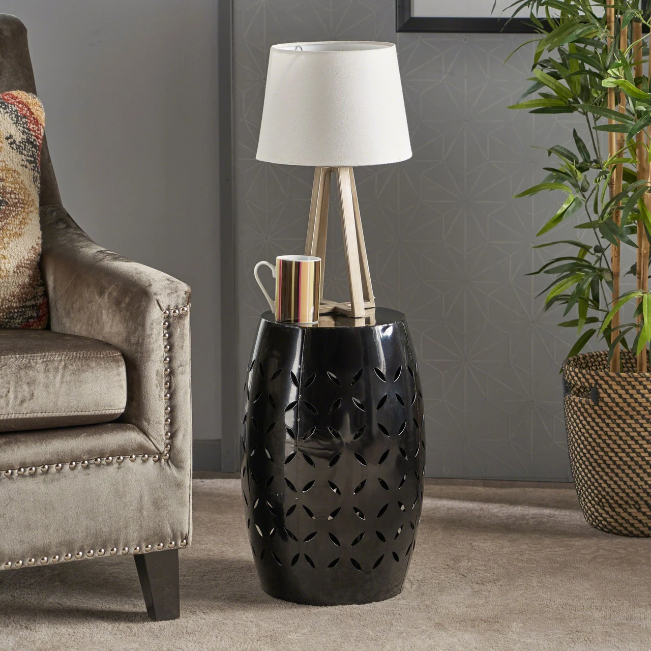 17.75" Black Barrel Shaped Lace Cut Outdoor Patio Accent Side Table 5 17.75" Black Barrel Shaped Lace Cut Outdoor Patio Accent Side Table - Image 5