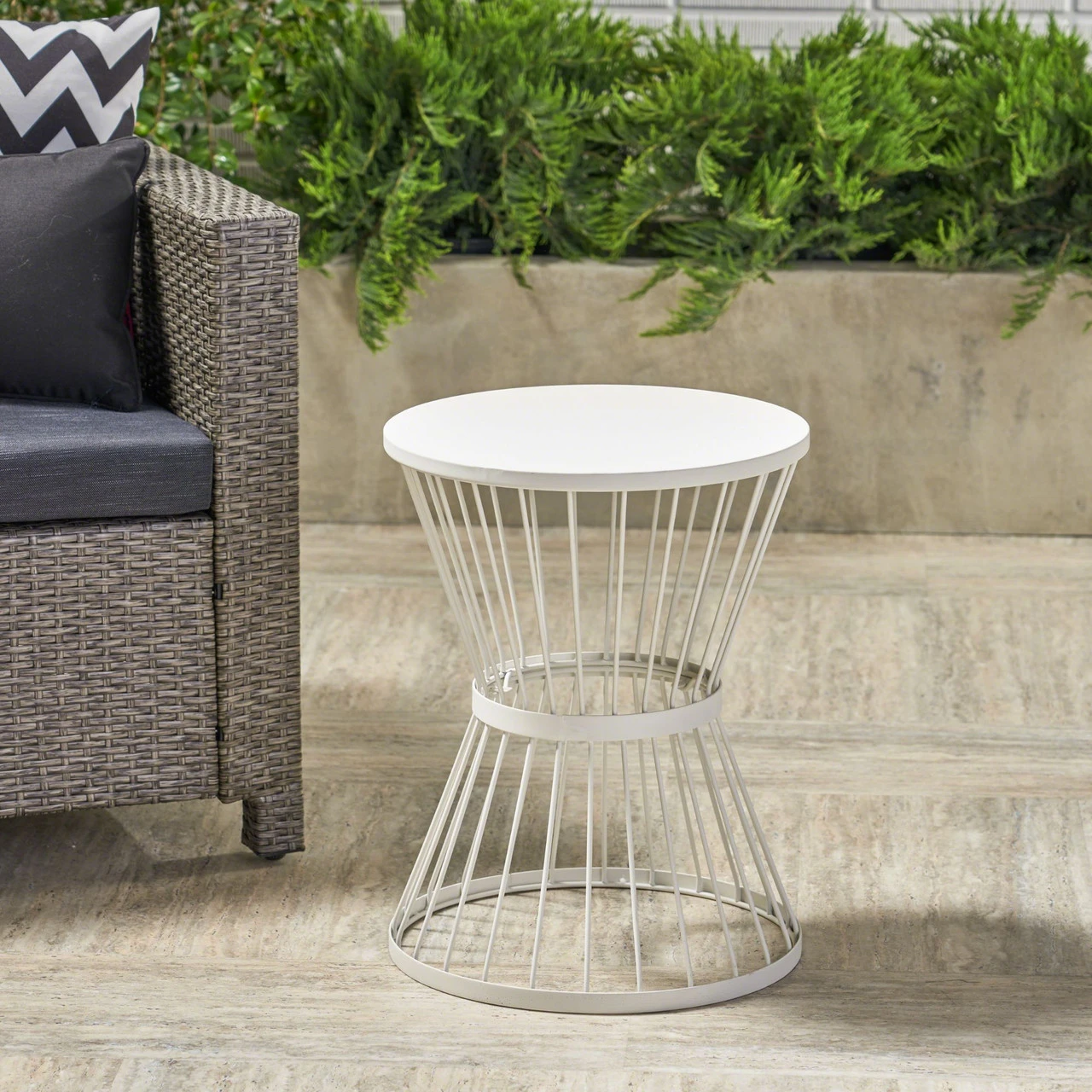 21" Matte White Contemporary Hourglass Outdoor Patio Side Tables 2 21" Matte White Contemporary Hourglass Outdoor Patio Side Tables - Image 2