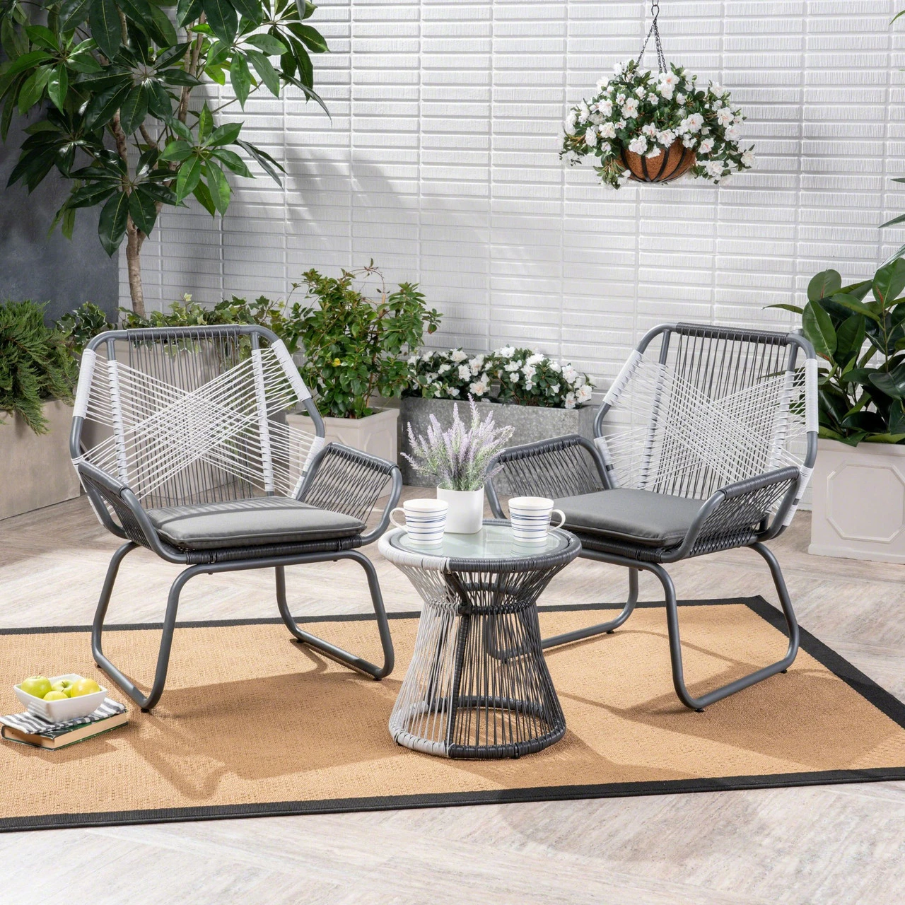 3-Piece Gray And White Wicker Outdoor Furniture Patio Chat Set - Gray Cushions 2 3-Piece Gray And White Wicker Outdoor Furniture Patio Chat Set - Gray Cushions - Image 2