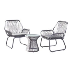 3-Piece Gray And White Rope Woven Outdoor Furniture Patio Chat Set - Gray Cushions