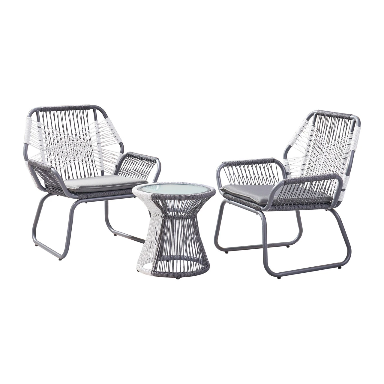 3-Piece Gray And White Rope Woven Outdoor Furniture Patio Chat Set - Gray Cushions 1 3-Piece Gray And White Rope Woven Outdoor Furniture Patio Chat Set - Gray Cushions