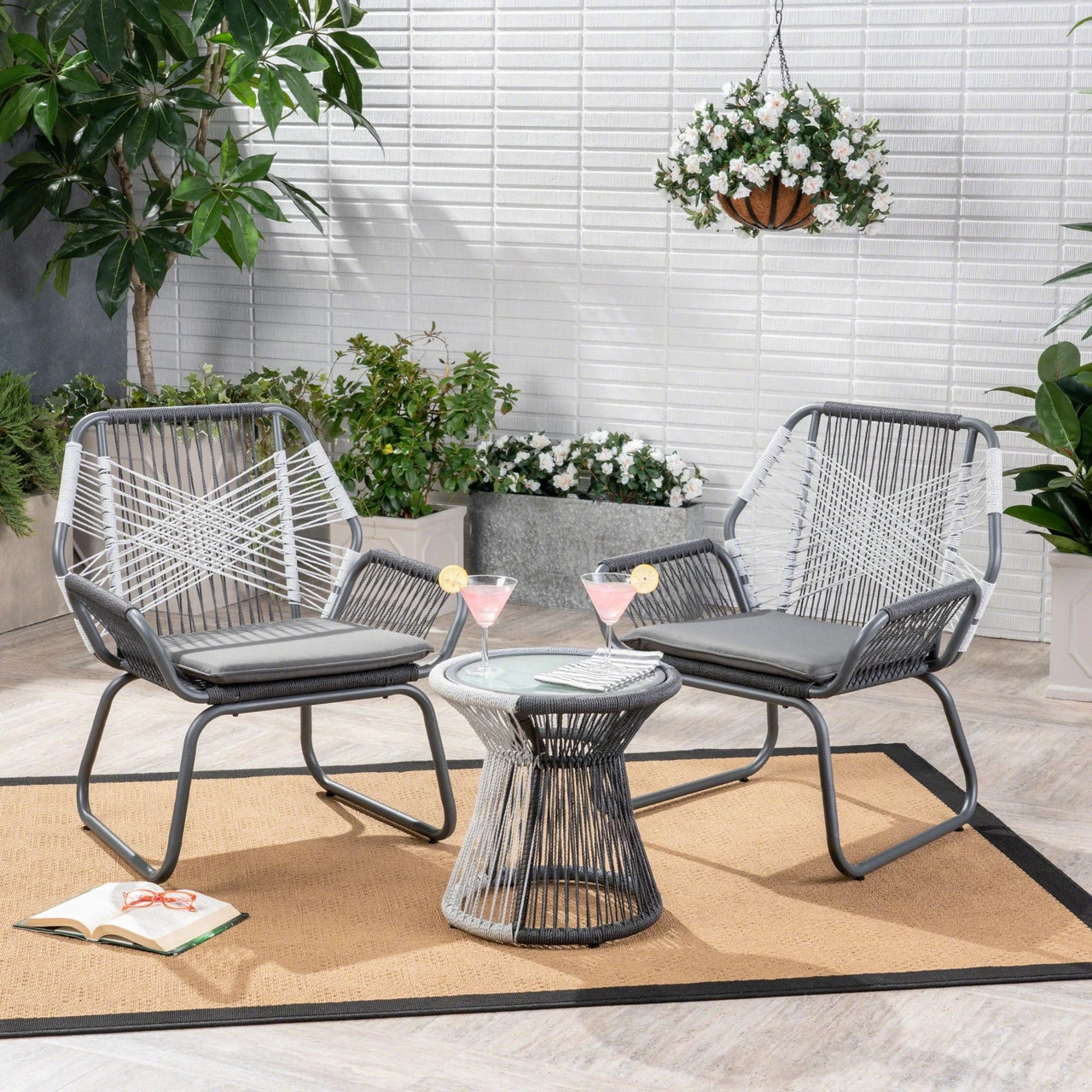 3-Piece Gray And White Rope Woven Outdoor Furniture Patio Chat Set - Gray Cushions 2 3-Piece Gray And White Rope Woven Outdoor Furniture Patio Chat Set - Gray Cushions - Image 2