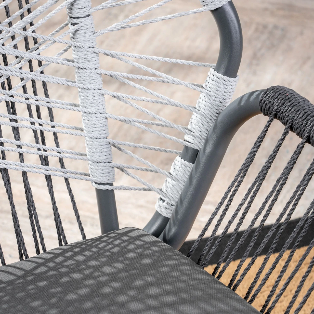 3-Piece Gray And White Rope Woven Outdoor Furniture Patio Chat Set - Gray Cushions 5 3-Piece Gray And White Rope Woven Outdoor Furniture Patio Chat Set - Gray Cushions - Image 5