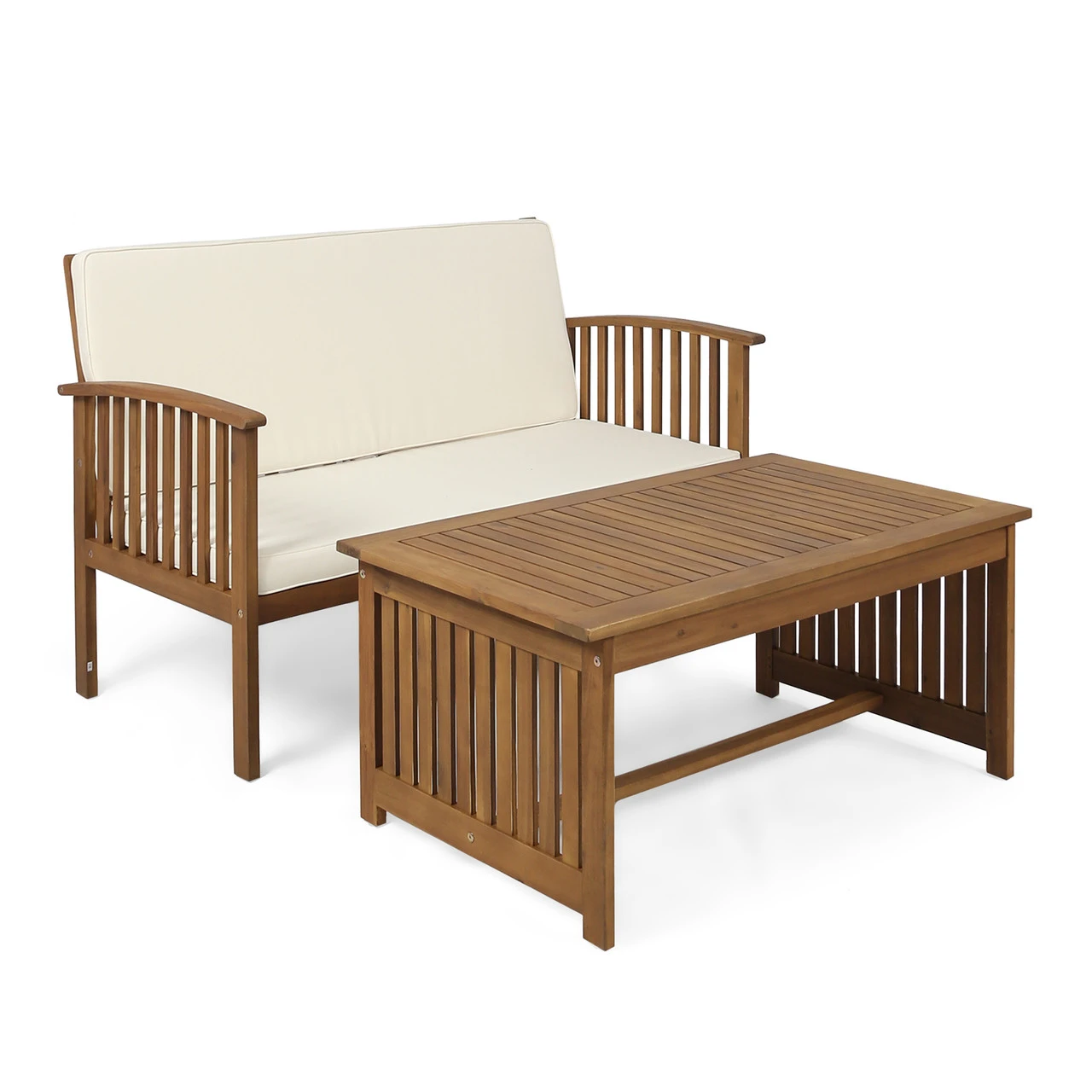 2-Piece Brown Patina Contemporary Wood Outdoor Furniture Patio Chat Set - Cream Cushions 1 2-Piece Brown Patina Contemporary Wood Outdoor Furniture Patio Chat Set - Cream Cushions