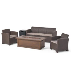 5pc Brown And Black Outdoor Patio 5 Seater Chat Set With Fire Pit 67.5"