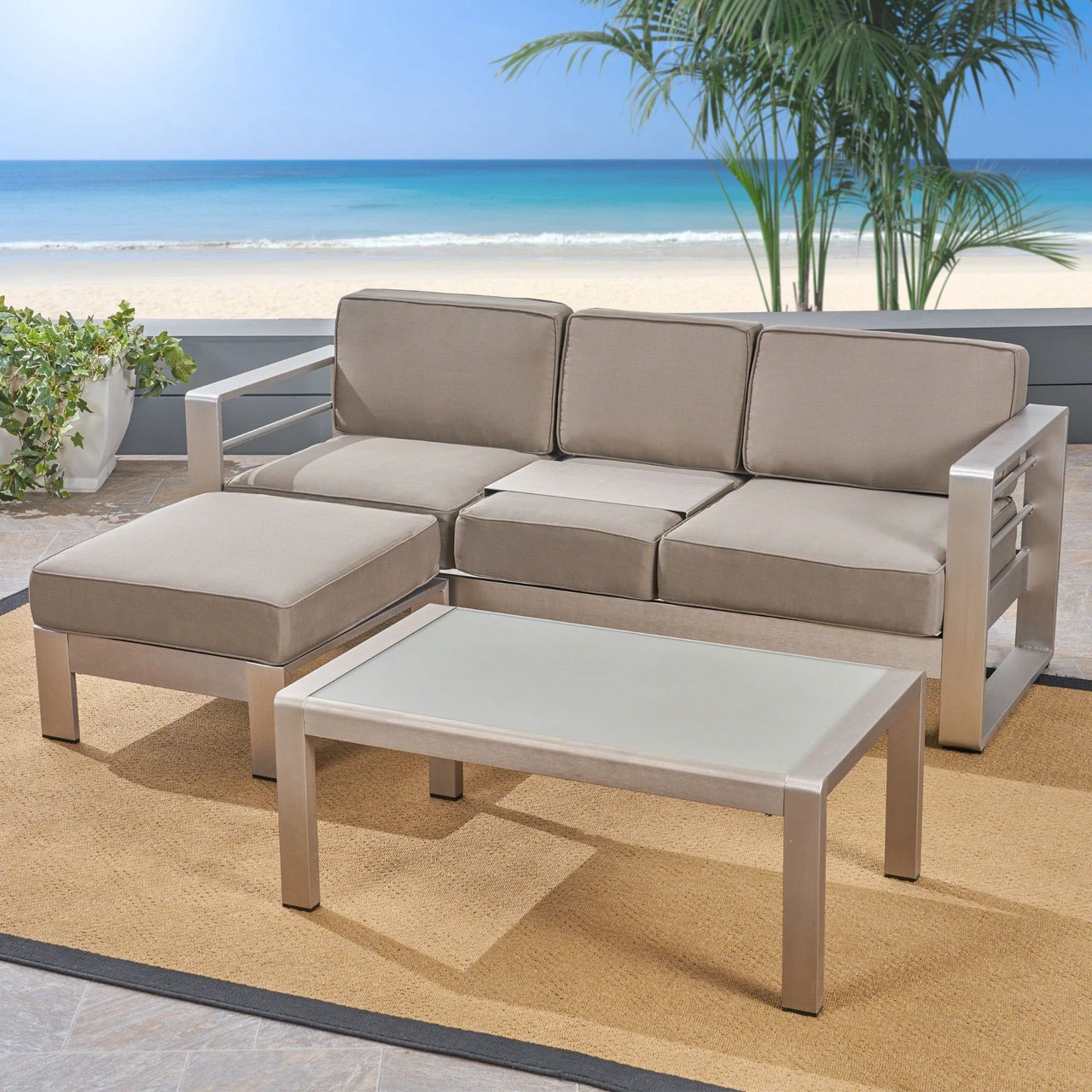 3pc Gray And Silver Contemporary Outdoor Chat Set With Cushions 2 3pc Gray And Silver Contemporary Outdoor Chat Set With Cushions - Image 2