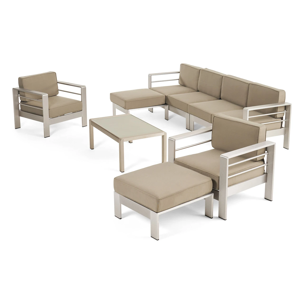 7-Piece Silver Contemporary Outdoor Furniture Patio Sectional Sofa Set - Brown Cushions 1 7-Piece Silver Contemporary Outdoor Furniture Patio Sectional Sofa Set - Brown Cushions