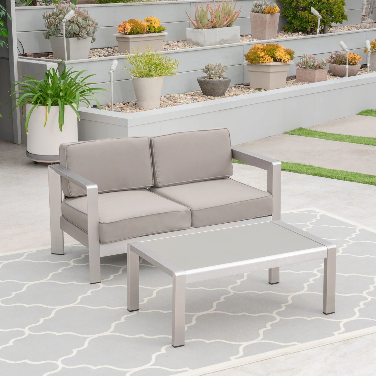 2pc Silver And Gray Contemporary Outdoor Chat Set With Cushions 2 2pc Silver And Gray Contemporary Outdoor Chat Set With Cushions - Image 2