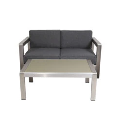 2-Piece Silver Contemporary Aluminum Outdoor Furniture Patio Chat Set - Gray Cushions