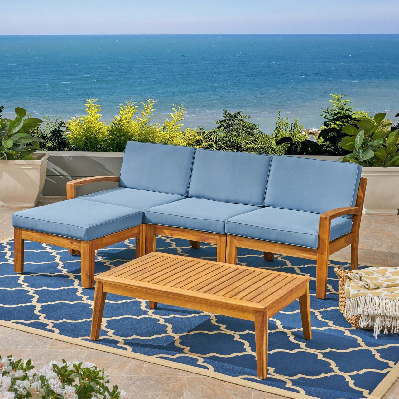 5pc Brown And Blue Outdoor Patio Conversation Set With Cushions 39.5" 2 5pc Brown And Blue Outdoor Patio Conversation Set With Cushions 39.5" - Image 2
