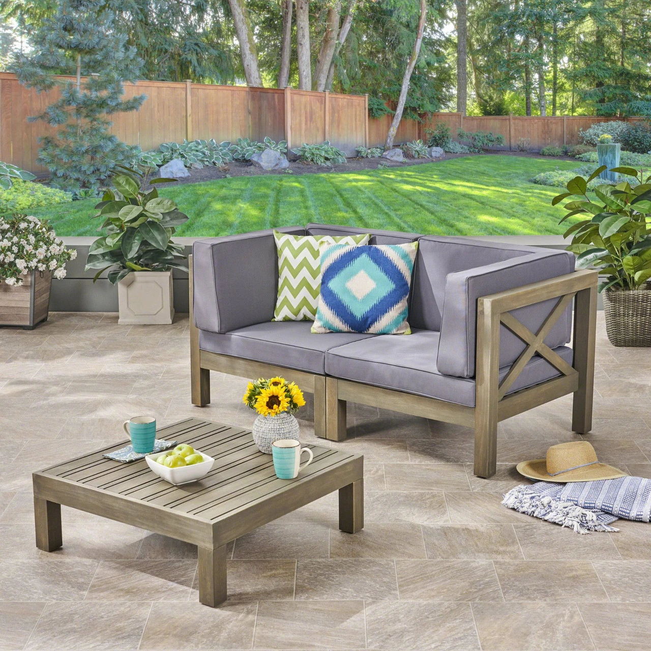 3-Piece Gray Contemporary Wood Outdoor Furniture Patio Chat Set - Dark Gray Cushions 2 3-Piece Gray Contemporary Wood Outdoor Furniture Patio Chat Set - Dark Gray Cushions - Image 2