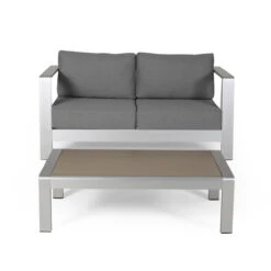 2pc Gray And Silver Contemporary Outdoor Patio Loveseat With Coffee Table 56.75"