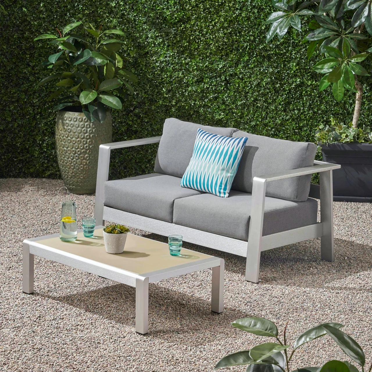 2pc Gray And Silver Contemporary Outdoor Patio Loveseat With Coffee Table 56.75" 5 2pc Gray And Silver Contemporary Outdoor Patio Loveseat With Coffee Table 56.75" - Image 5