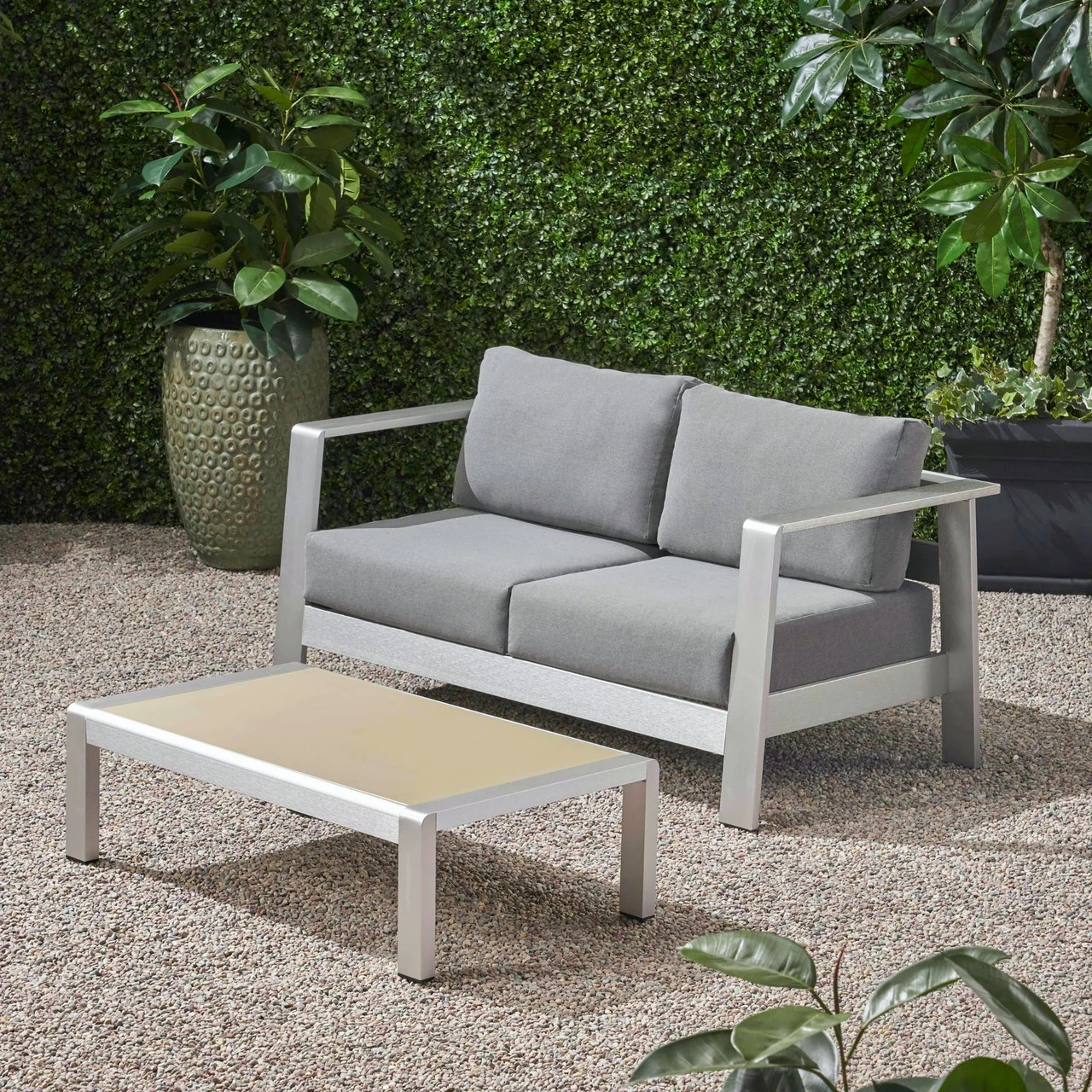 2pc Gray And Silver Contemporary Outdoor Patio Loveseat With Coffee Table 56.75" 7 2pc Gray And Silver Contemporary Outdoor Patio Loveseat With Coffee Table 56.75" - Image 7