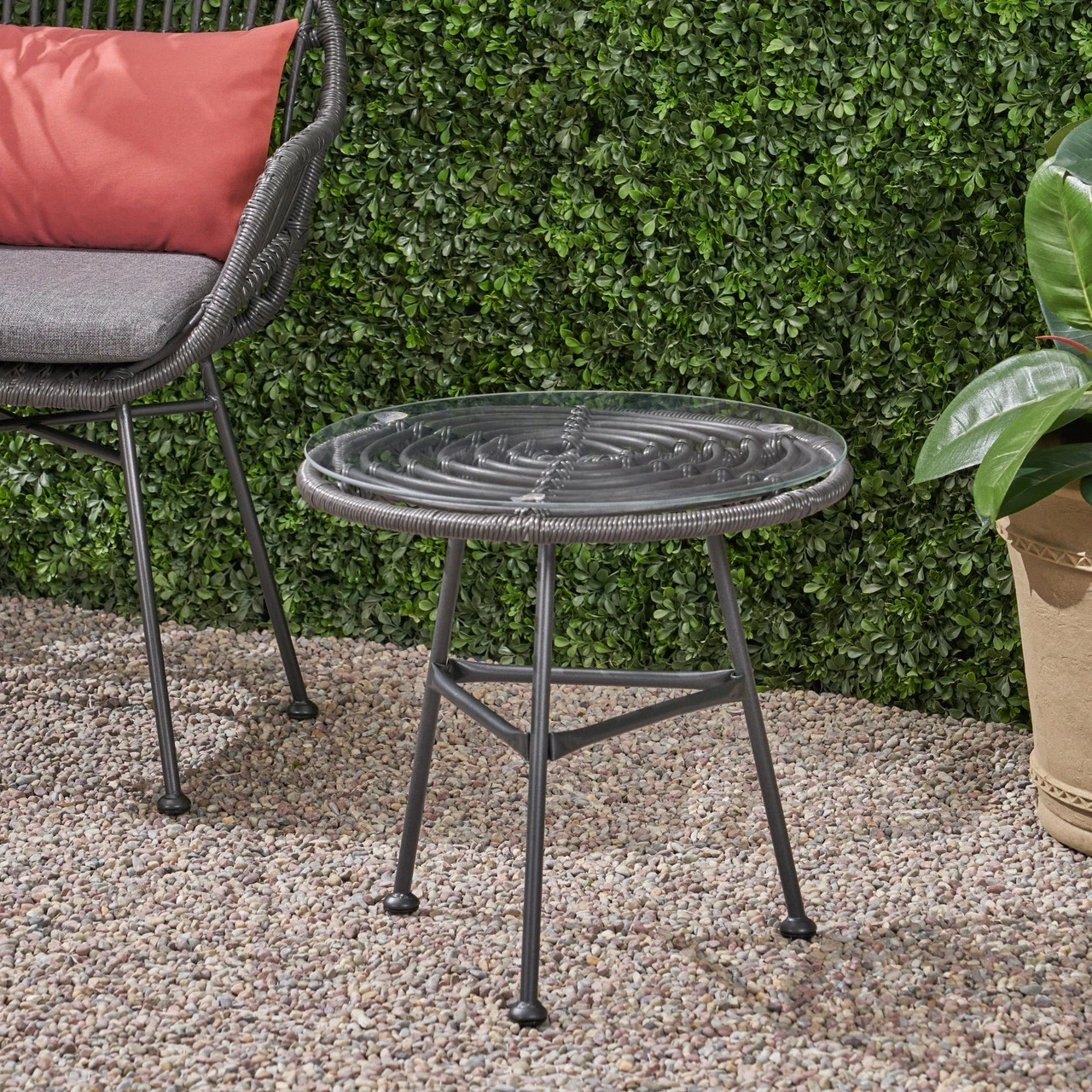 19.5" Gray And Black Contemporary Round Outdoor Patio Side Table 6 19.5" Gray And Black Contemporary Round Outdoor Patio Side Table - Image 6