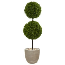 4' Artificial Boxwood Double Ball Topiary Outdoor Tree In Oval Planter