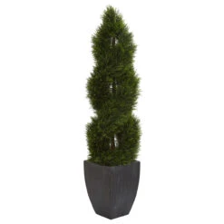 5' Artificial Double Pond Cypress Spiral Topiary Outdoor Tree In Black Wash Planter