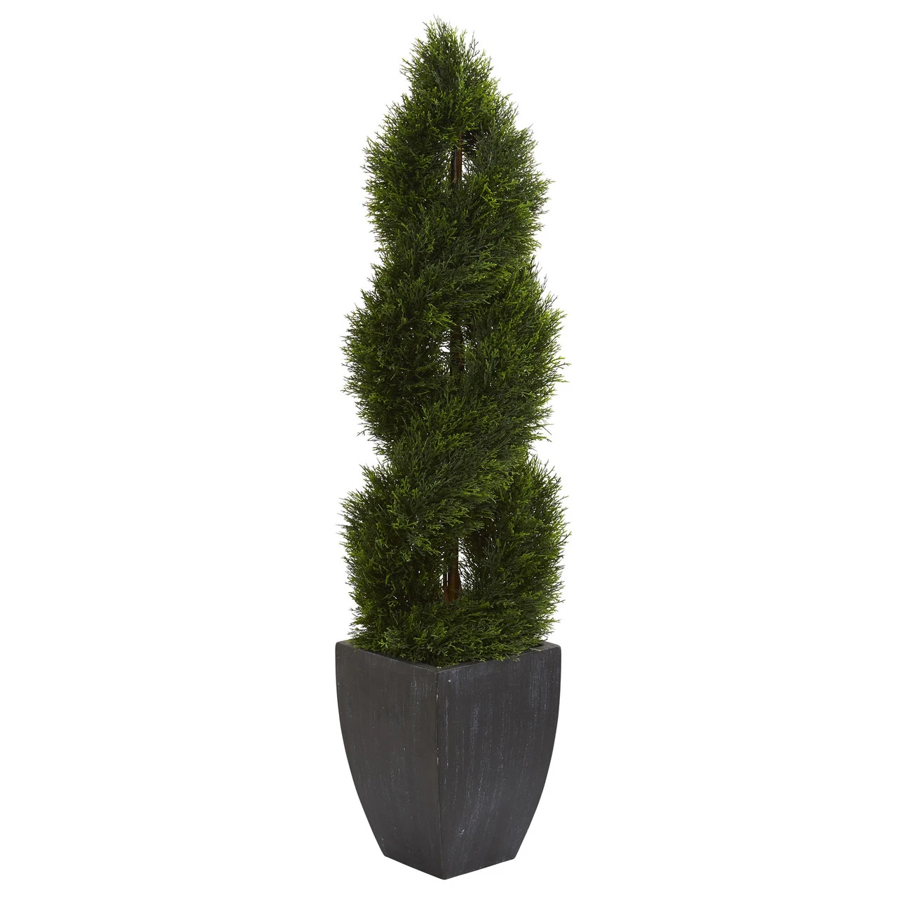 5' Artificial Double Pond Cypress Spiral Topiary Outdoor Tree In Black Wash Planter 1 5' Artificial Double Pond Cypress Spiral Topiary Outdoor Tree In Black Wash Planter