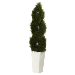 5.5' Artificial Double Pond Cypress Spiral Topiary Outdoor Tree In Tower Planter