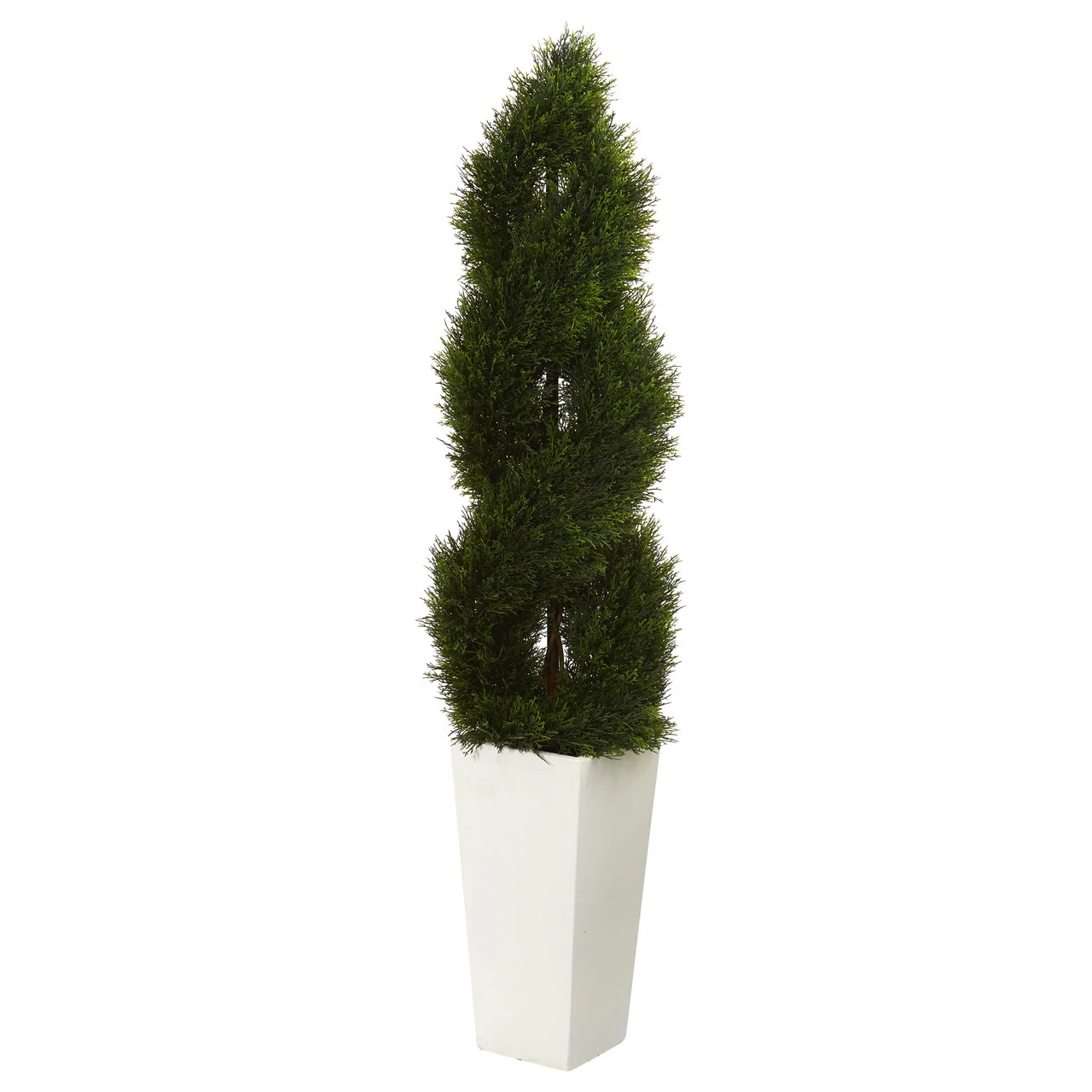 5.5' Artificial Double Pond Cypress Spiral Topiary Outdoor Tree In Tower Planter 1 5.5' Artificial Double Pond Cypress Spiral Topiary Outdoor Tree In Tower Planter