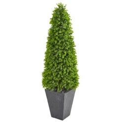 4.75" Eucalyptus Topiary Artificial Outdoor Tree In Slate Planter