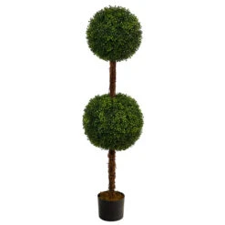 4.5' Boxwood Double Ball Topiary Outdoor Artificial Tree In Black Pot