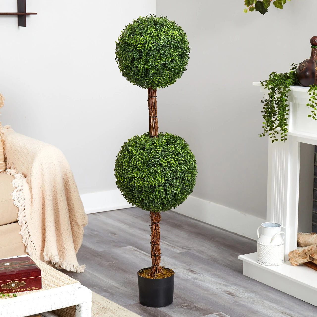 4.5' Boxwood Double Ball Topiary Outdoor Artificial Tree In Black Pot 2 4.5' Boxwood Double Ball Topiary Outdoor Artificial Tree In Black Pot - Image 2