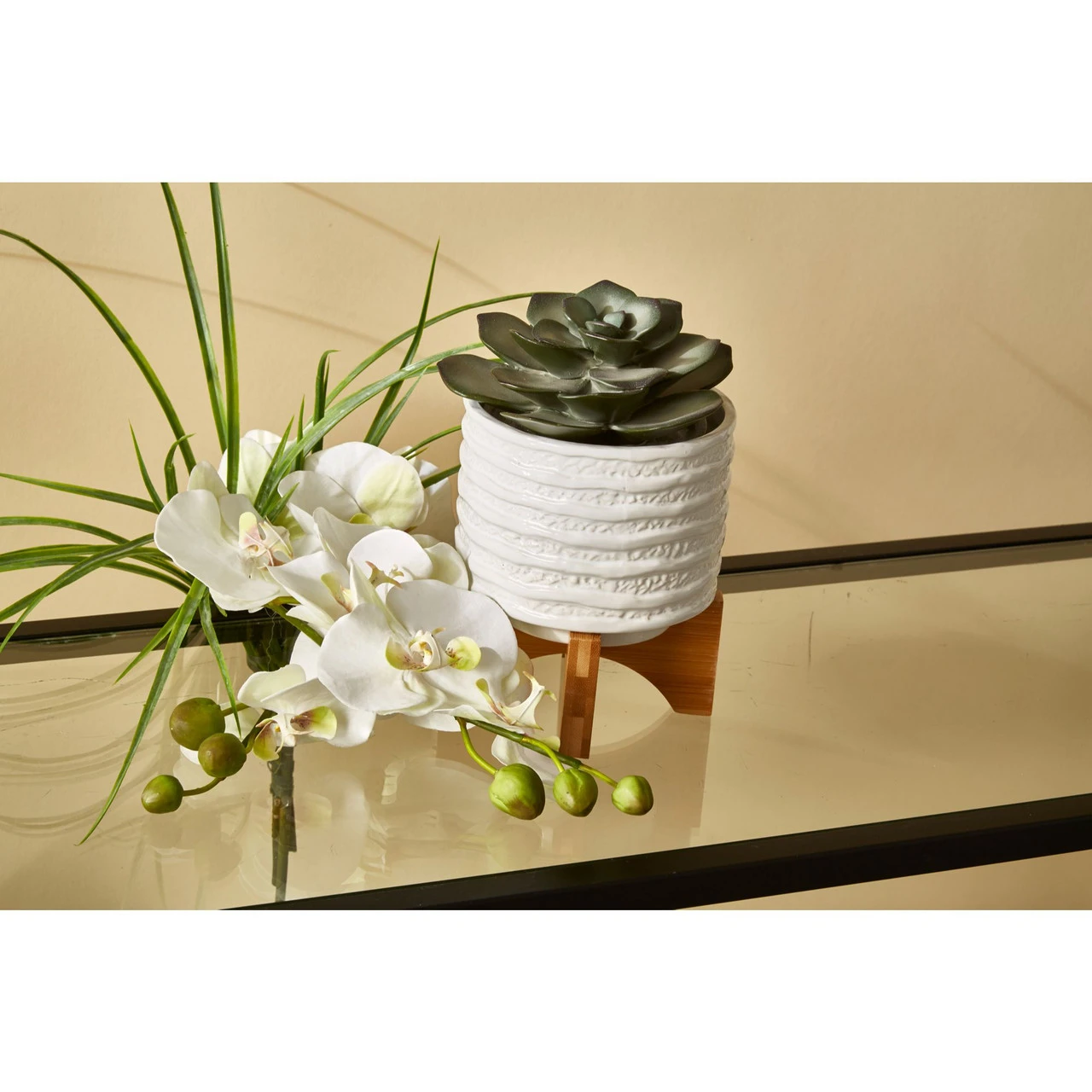 7" White And Brown Striped Ceramic Planter On Stand 2 7" White And Brown Striped Ceramic Planter On Stand - Image 2