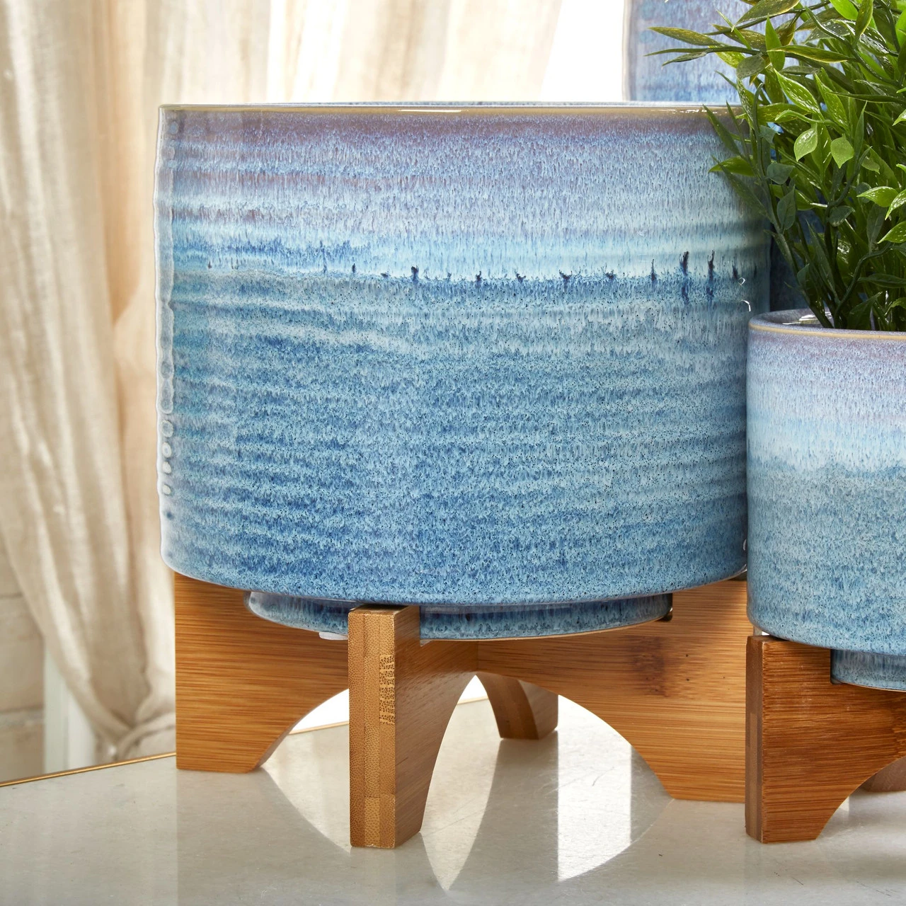 9" Pale Blue And Brown Ceramic Planter On Stand 3 9" Pale Blue And Brown Ceramic Planter On Stand - Image 3