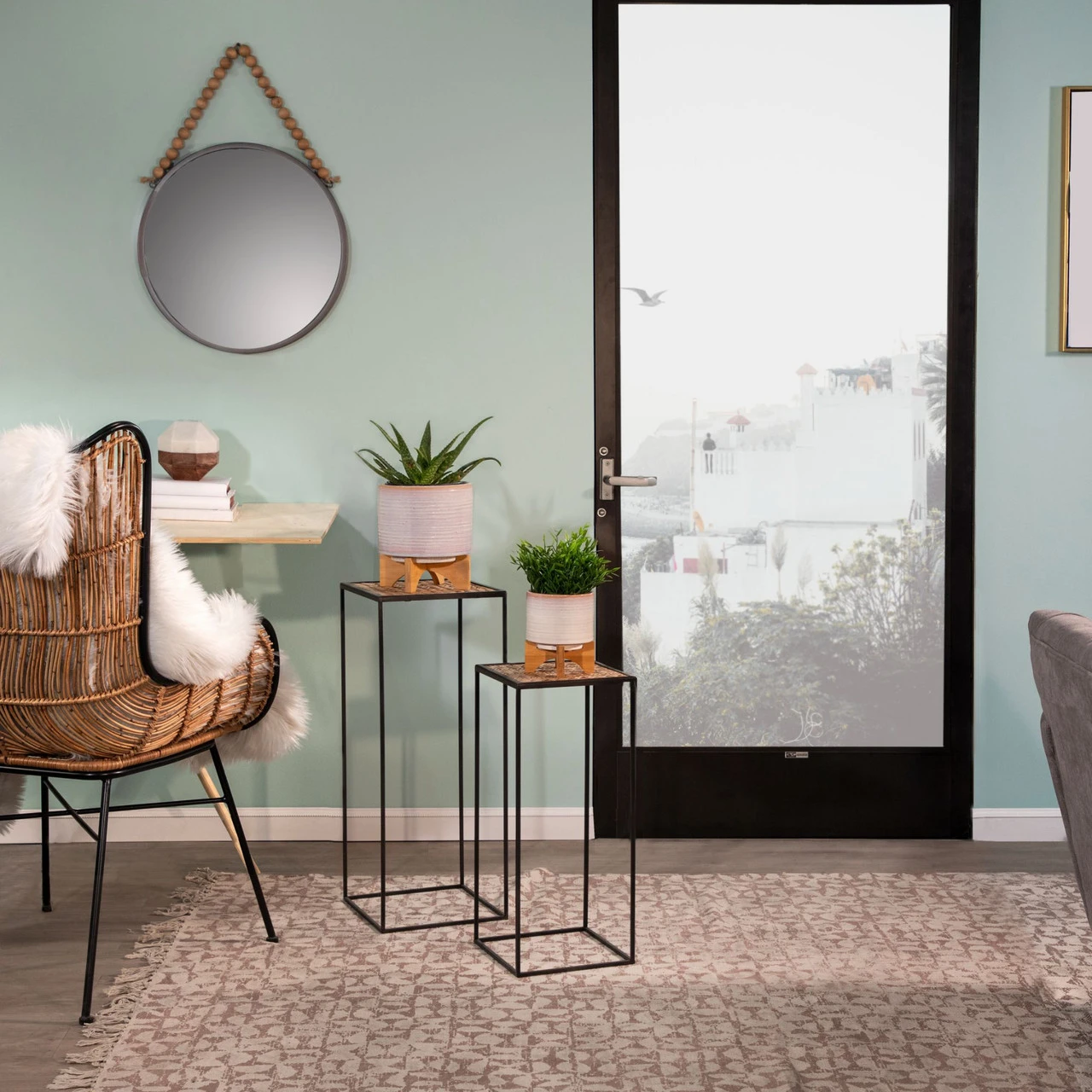 9" Cream White And Brown Striped Ceramic Planter On Stand 2 9" Cream White And Brown Striped Ceramic Planter On Stand - Image 2