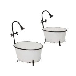 Set Of 2 White And Black Bathtub Oval Planters 20.28"