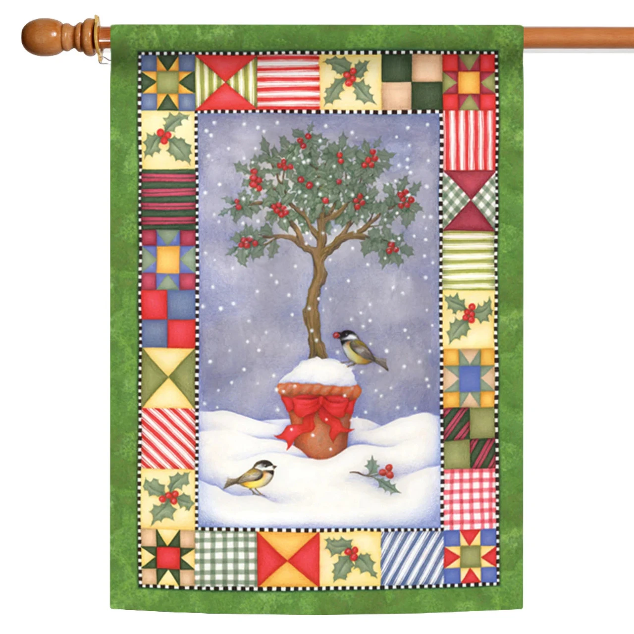 Holly Topiary Christmas Quilt Bird Tree Outdoor House Flag 40" X 28" 1 Holly Topiary Christmas Quilt Bird Tree Outdoor House Flag 40" X 28"