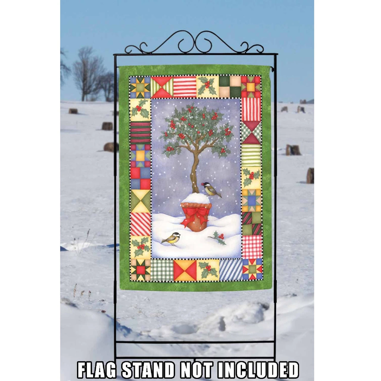 Holly Topiary Christmas Quilt Bird Tree Outdoor House Flag 40" X 28" 2 Holly Topiary Christmas Quilt Bird Tree Outdoor House Flag 40" X 28" - Image 2