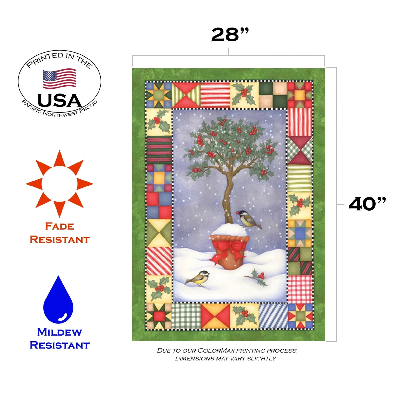 Holly Topiary Christmas Quilt Bird Tree Outdoor House Flag 40" X 28" 3 Holly Topiary Christmas Quilt Bird Tree Outdoor House Flag 40" X 28" - Image 3