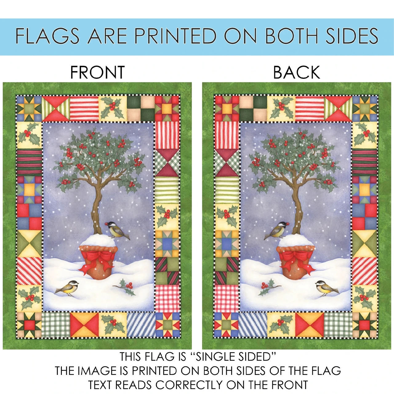 Holly Topiary Christmas Quilt Bird Tree Outdoor House Flag 40" X 28" 4 Holly Topiary Christmas Quilt Bird Tree Outdoor House Flag 40" X 28" - Image 4