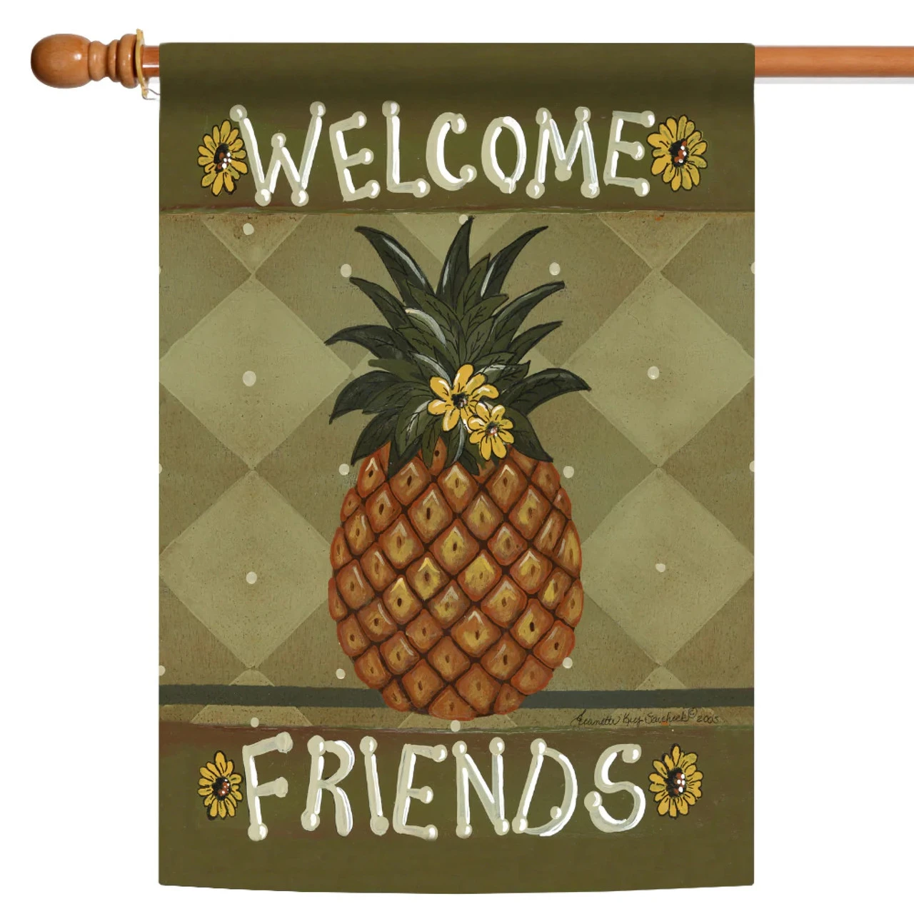 Pineapple And Flowers 'Welcome Friends' Outdoor House Flag 40" X 28" 1 Pineapple And Flowers 'Welcome Friends' Outdoor House Flag 40" X 28"