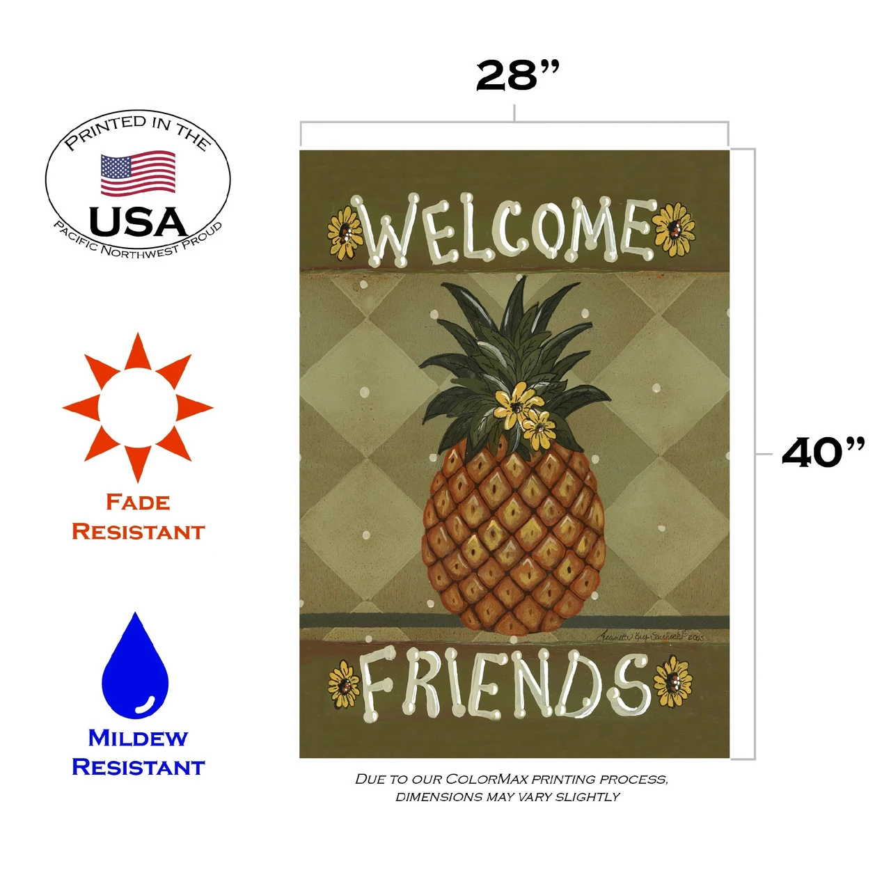 Pineapple And Flowers 'Welcome Friends' Outdoor House Flag 40" X 28" 3 Pineapple And Flowers 'Welcome Friends' Outdoor House Flag 40" X 28" - Image 3