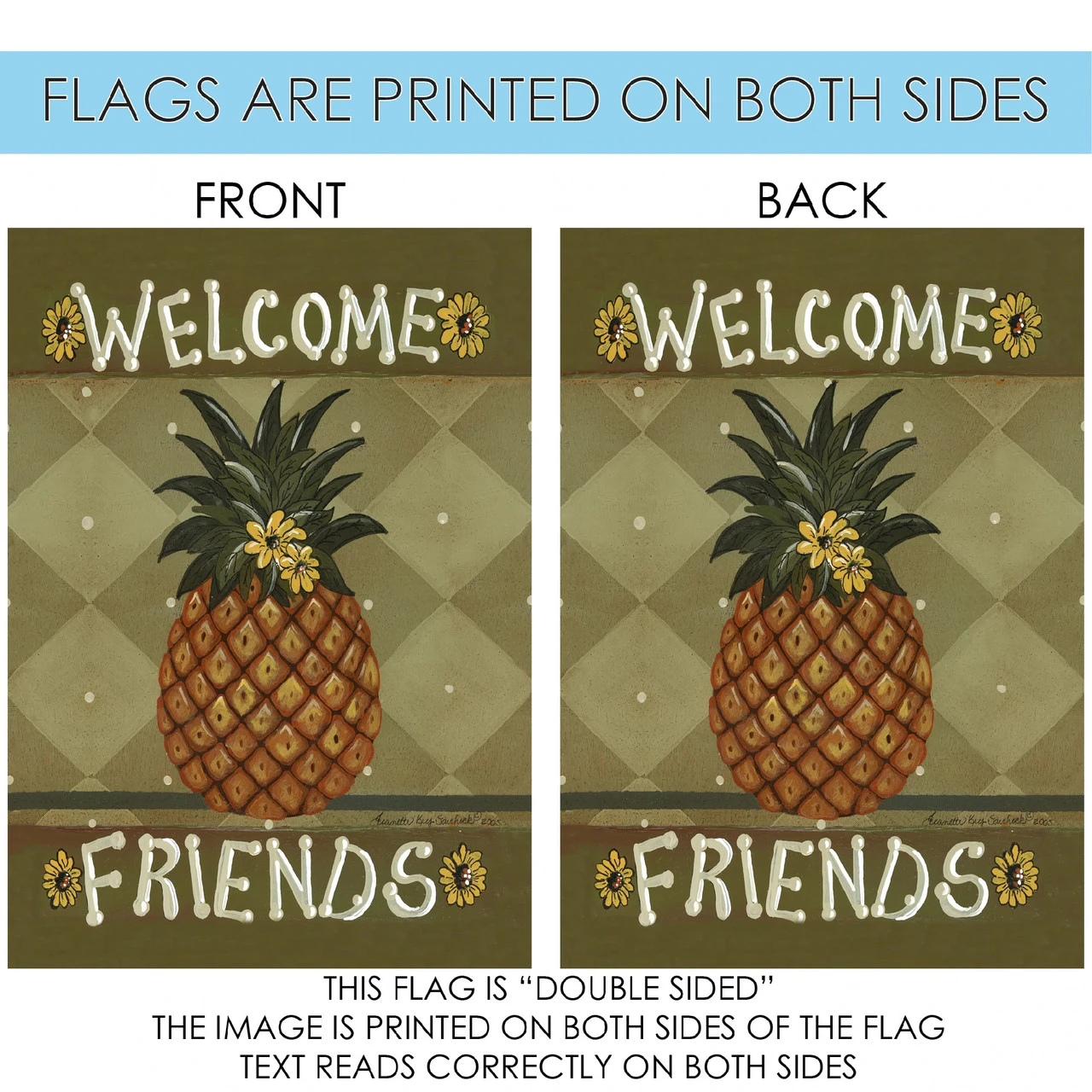 Pineapple And Flowers 'Welcome Friends' Outdoor House Flag 40" X 28" 4 Pineapple And Flowers 'Welcome Friends' Outdoor House Flag 40" X 28" - Image 4