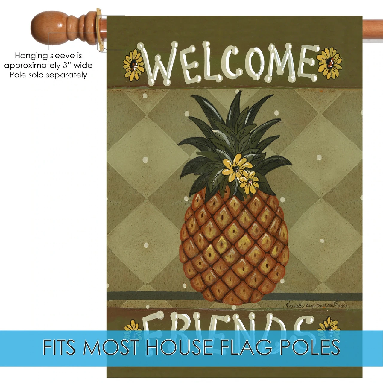 Pineapple And Flowers 'Welcome Friends' Outdoor House Flag 40" X 28" 5 Pineapple And Flowers 'Welcome Friends' Outdoor House Flag 40" X 28" - Image 5