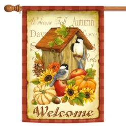 Birdhouse And Pumpkin 'Welcome' Fall Harvest Outdoor House Flag 40" X 28"