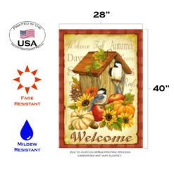 Birdhouse And Pumpkin 'Welcome' Fall Harvest Outdoor House Flag 40" X 28" -PatioVibe Shop dtol102503 3 61296.1682374525