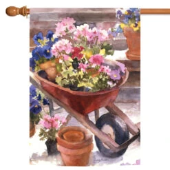 Wheelbarrow And Flowers Outdoor House Flag 40" X 28"